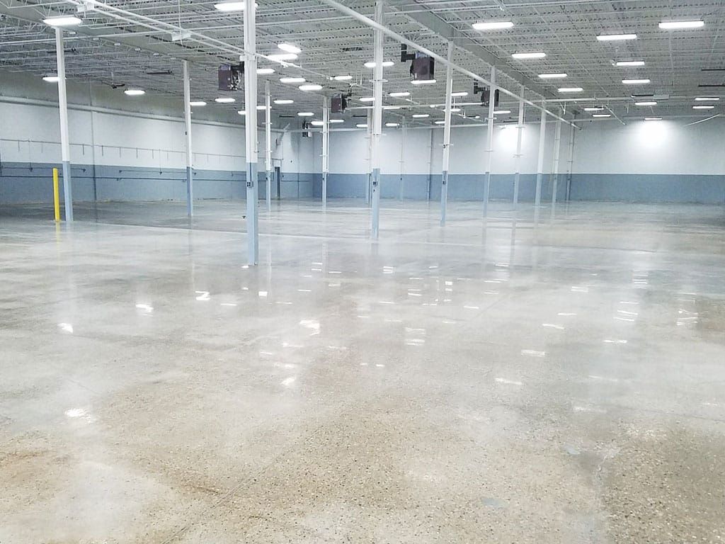 Empty warehouse interior with polished concrete floor, white columns, and overhead industrial lights