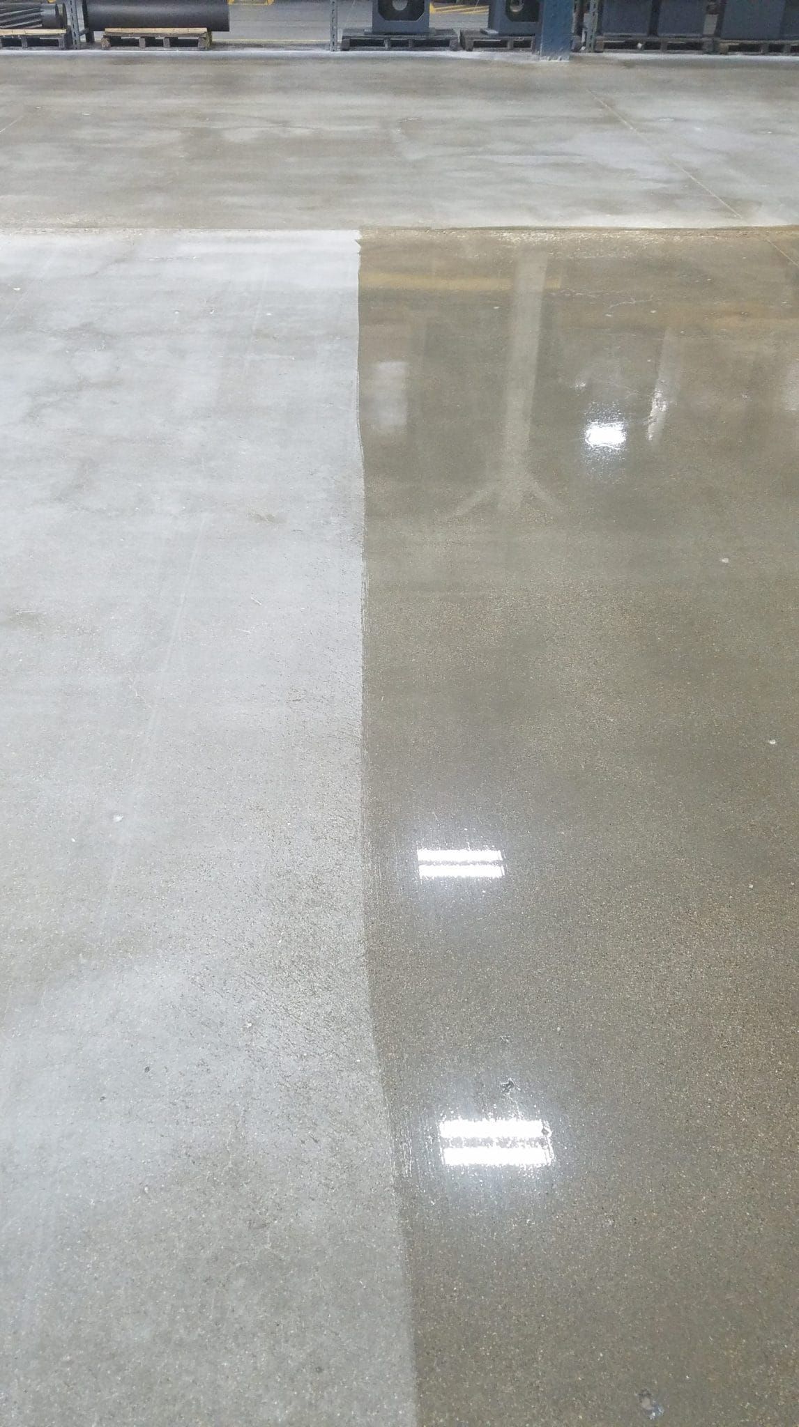 Before and after concrete floor with polished concrete beside buffed concrete.