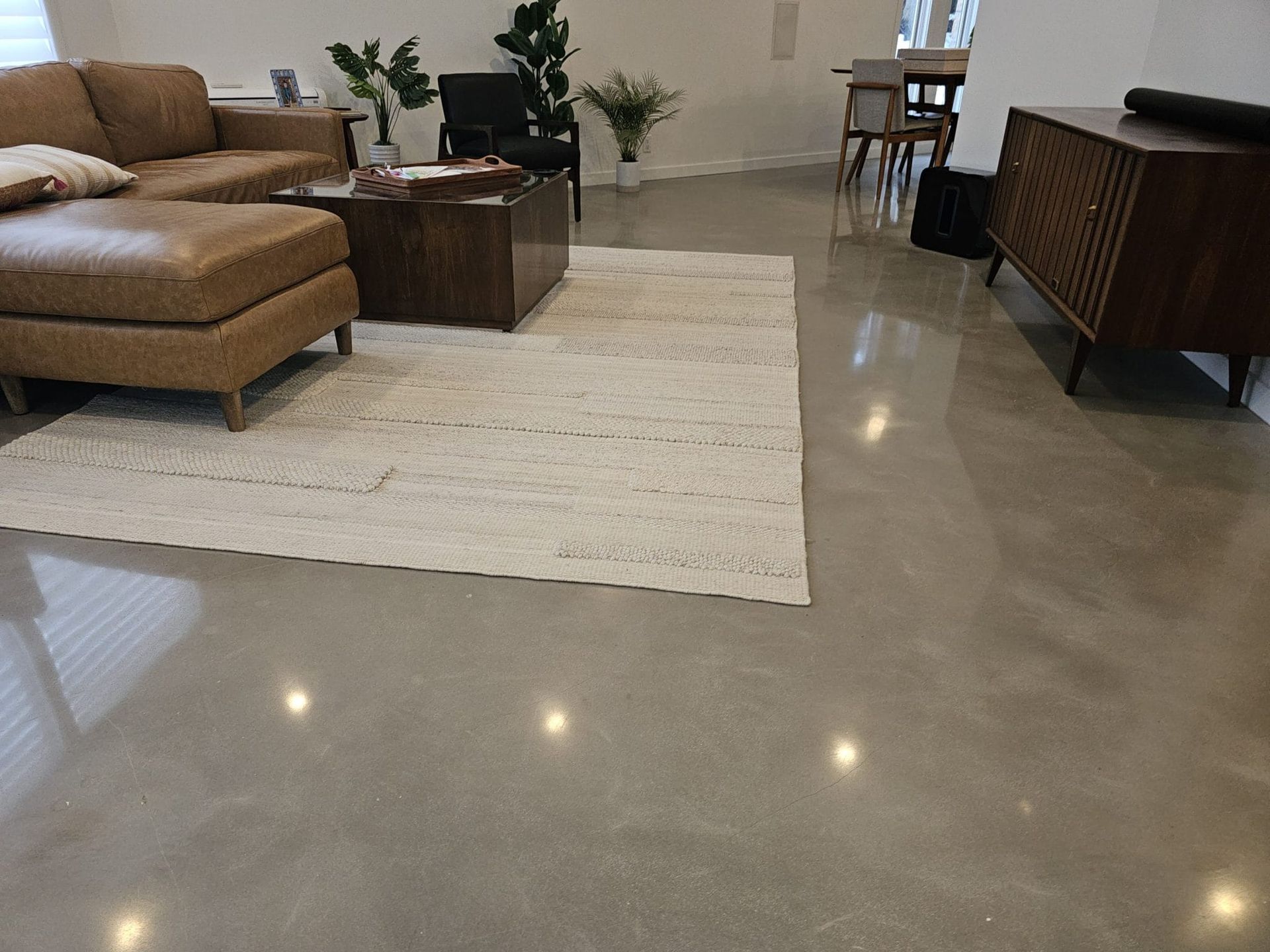 Modern living room with tan sectional, white rug, polished concrete floor, and dark wood furniture