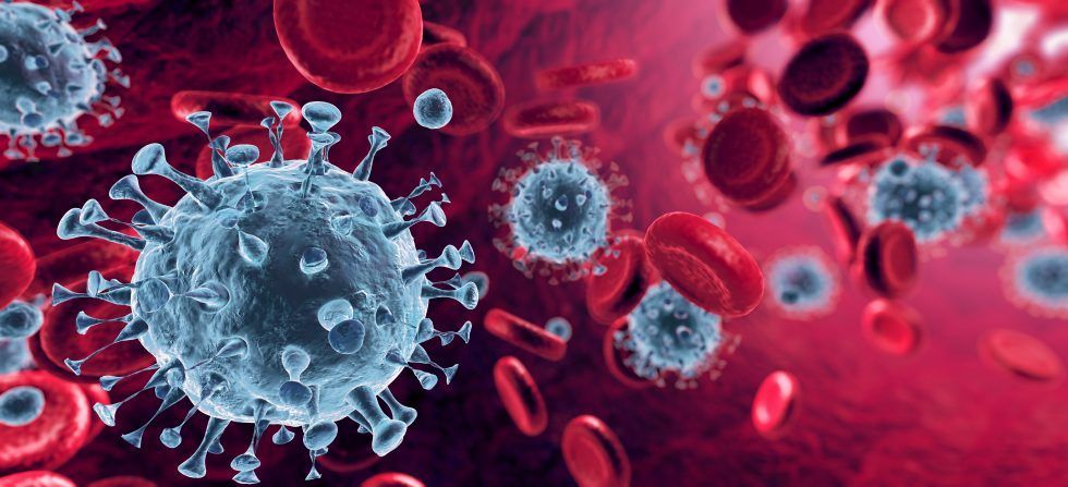 A digital illustration of multiple blue, spiked virus particles floating among numerous red blood cells.