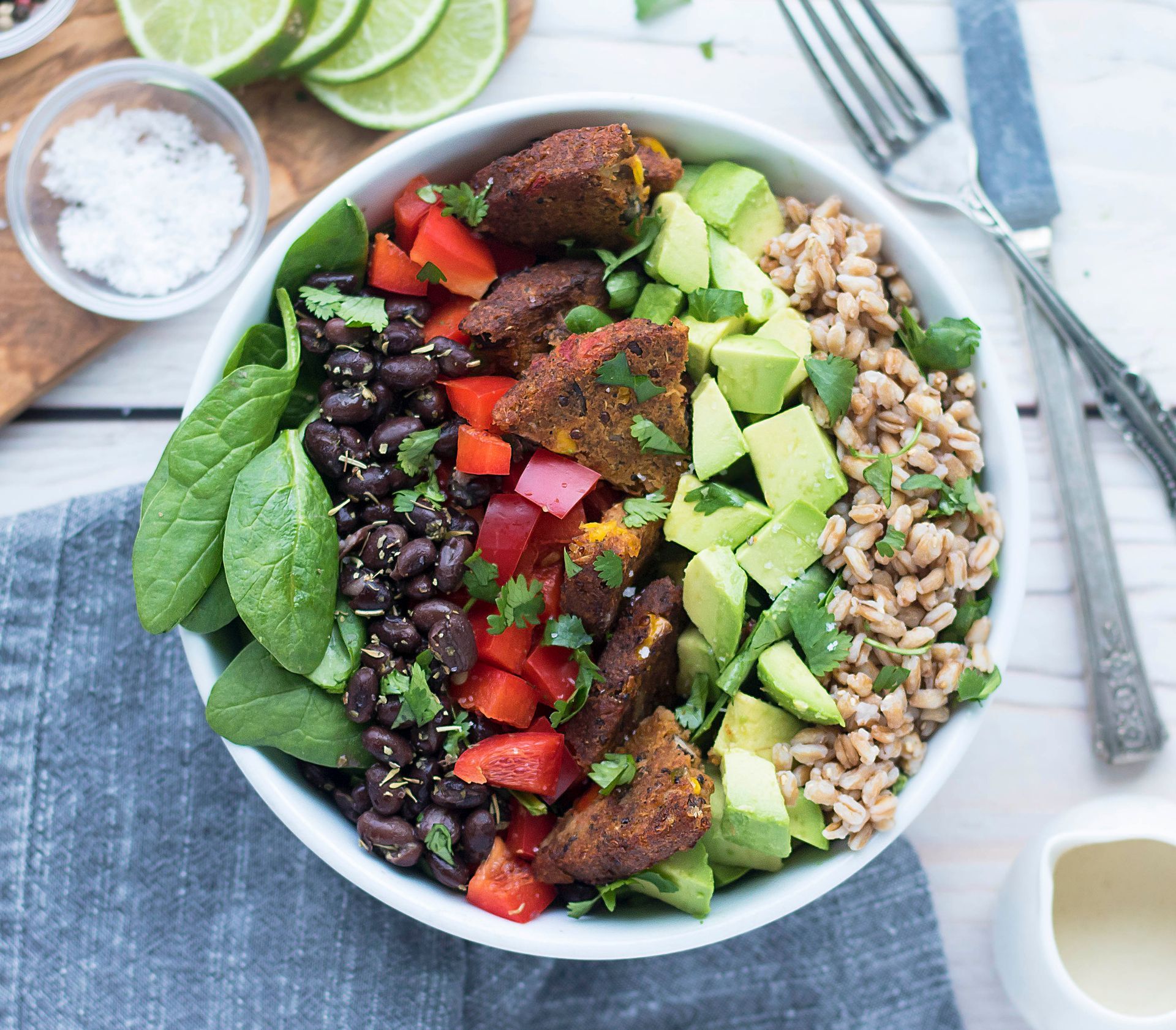 Black Bean and Avocado Southwest Bowl made with Dr. Praeger's Black Bean Quinoa Veggie Burger