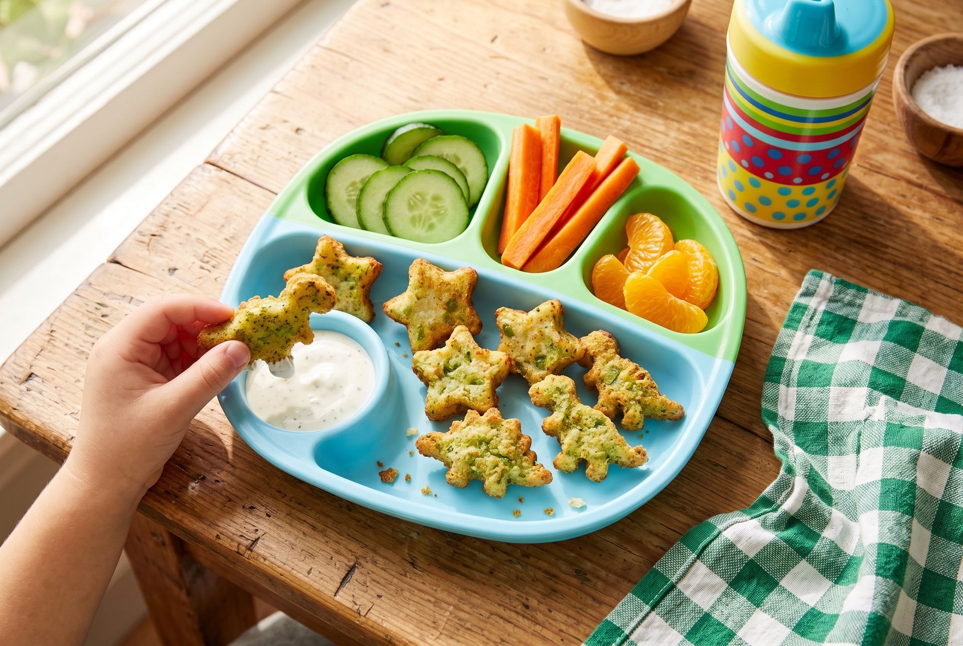 Kids' lunch plate with ranch dip made with Dr. Praeger's Broccoli Littles