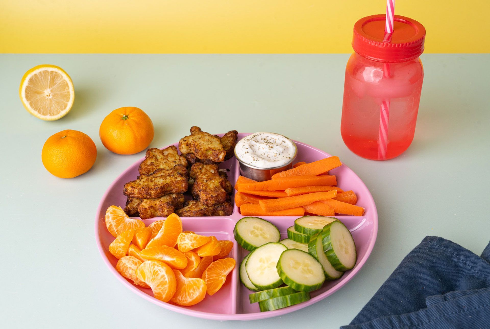 Kids' lunch plate with ranch dip made with Dr. Praeger's Broccoli Littles