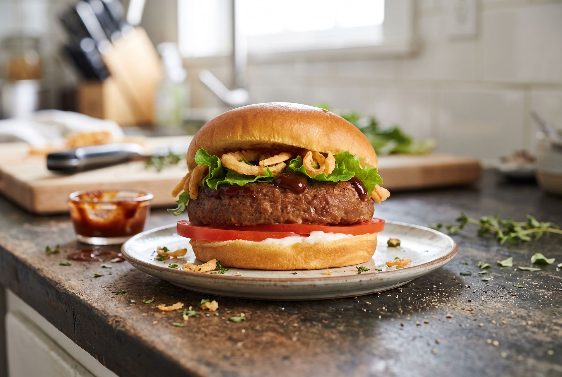 Steakhouse-style burger with BBQ sauce and crispy onions made with a Dr. Praeger's Grillhouse Burger