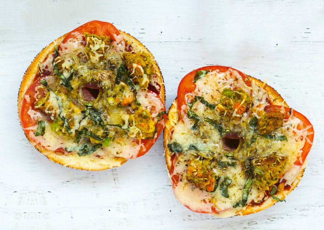 Pizza Bagel made with Dr. Praeger's California Veggie Burgers