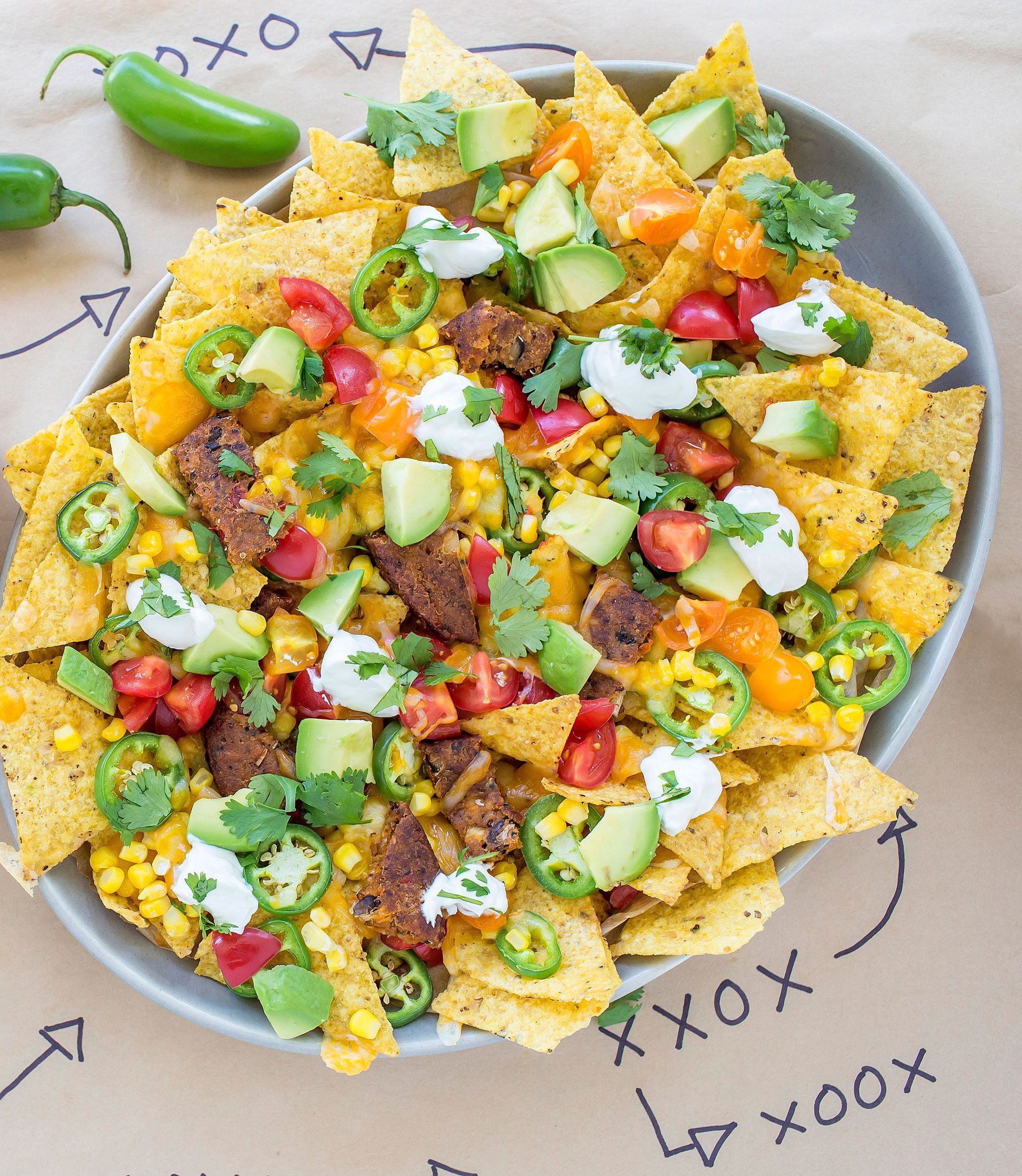 QB Sneak Veggie Burger Pile-Up Nachos made with Dr. Praeger's Black Bean Quinoa Veggie Burgers