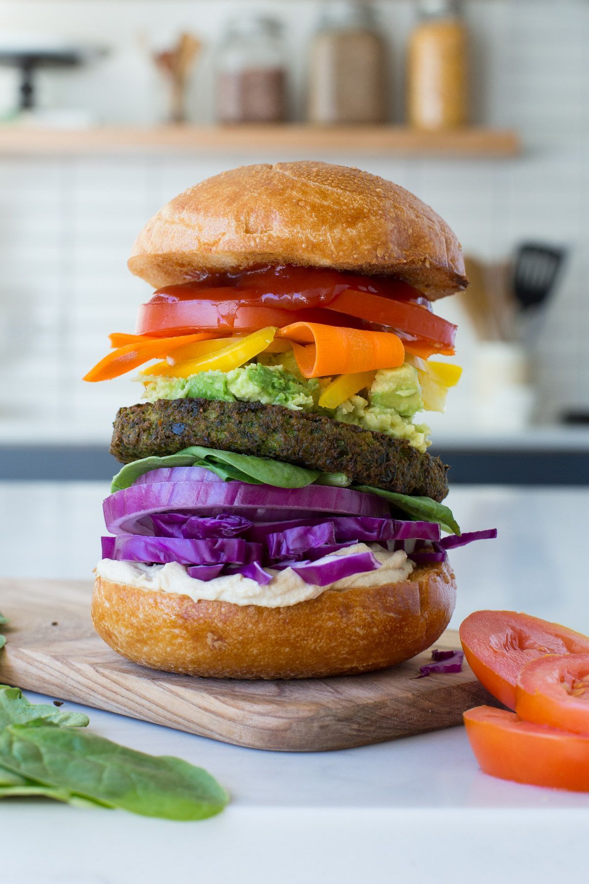 Rainbow Burger made with a Dr. Praeger's Super Greens Veggie Burger