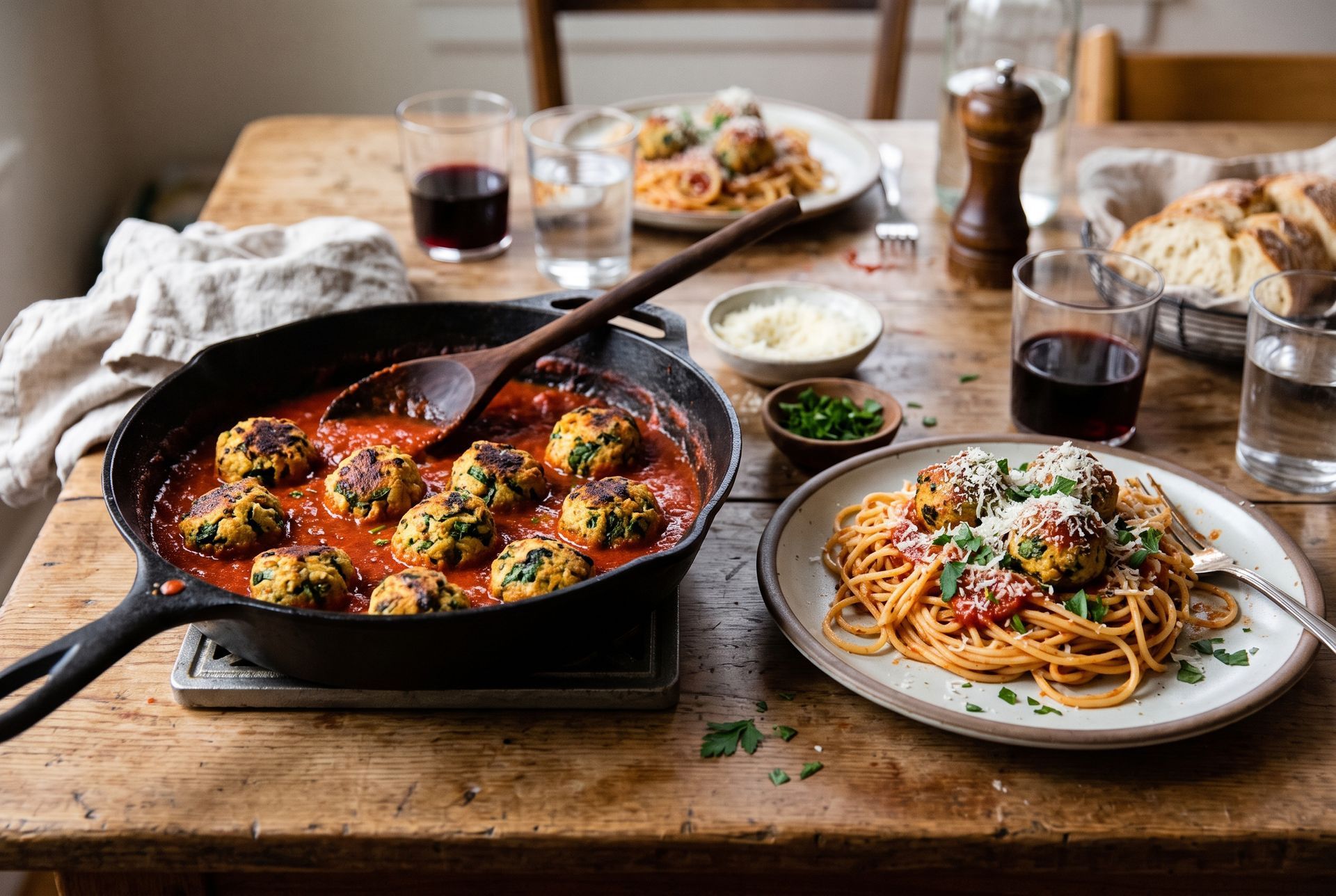 Spaghetti and veggie meatballs made with Dr. Praeger's Super Greens Veggie Burgers