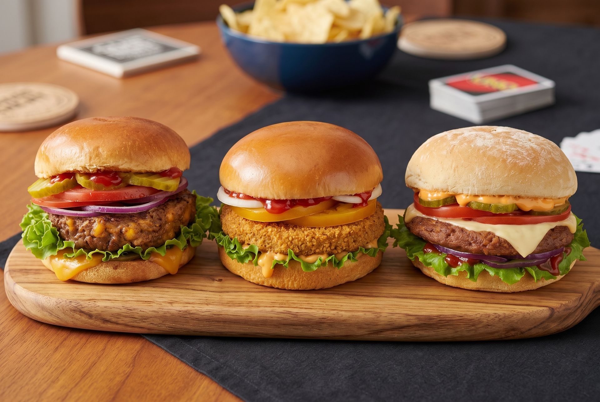 Three burger builds made with Dr. Praeger's Grillhouse Cheddar, Crunchy Cauliflower and Drive-Thru burgers
