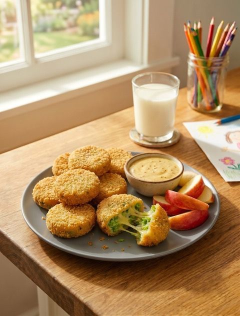 After-school snack plate with honey mustard dip made with Dr. Praeger's Broccoli Cheddar Cheesy Bites