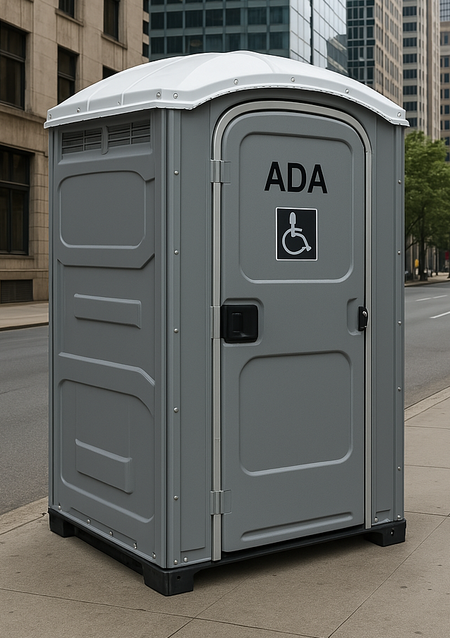 A portable toilet with a handicapped person in a wheelchair on the door.