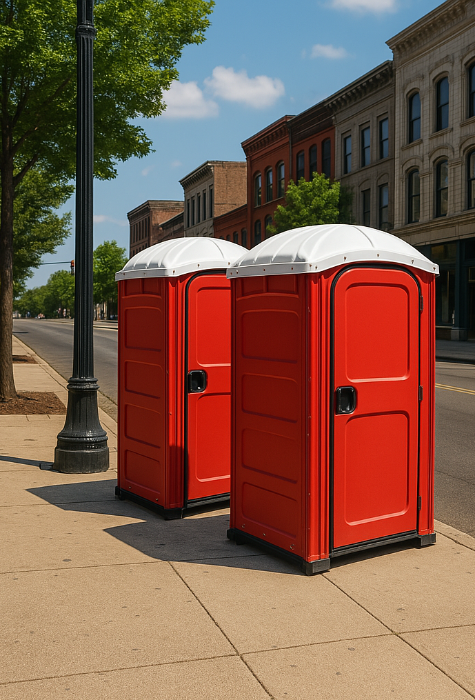 A black and white drawing of a portable toilet with a door.