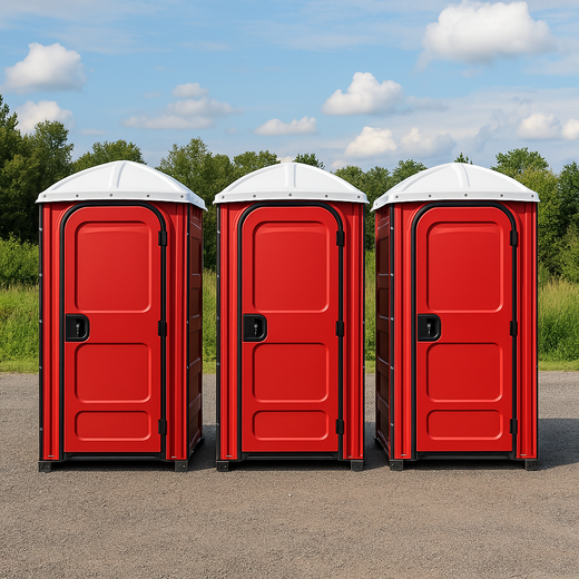 Three red portable toilets are lined up in a row
