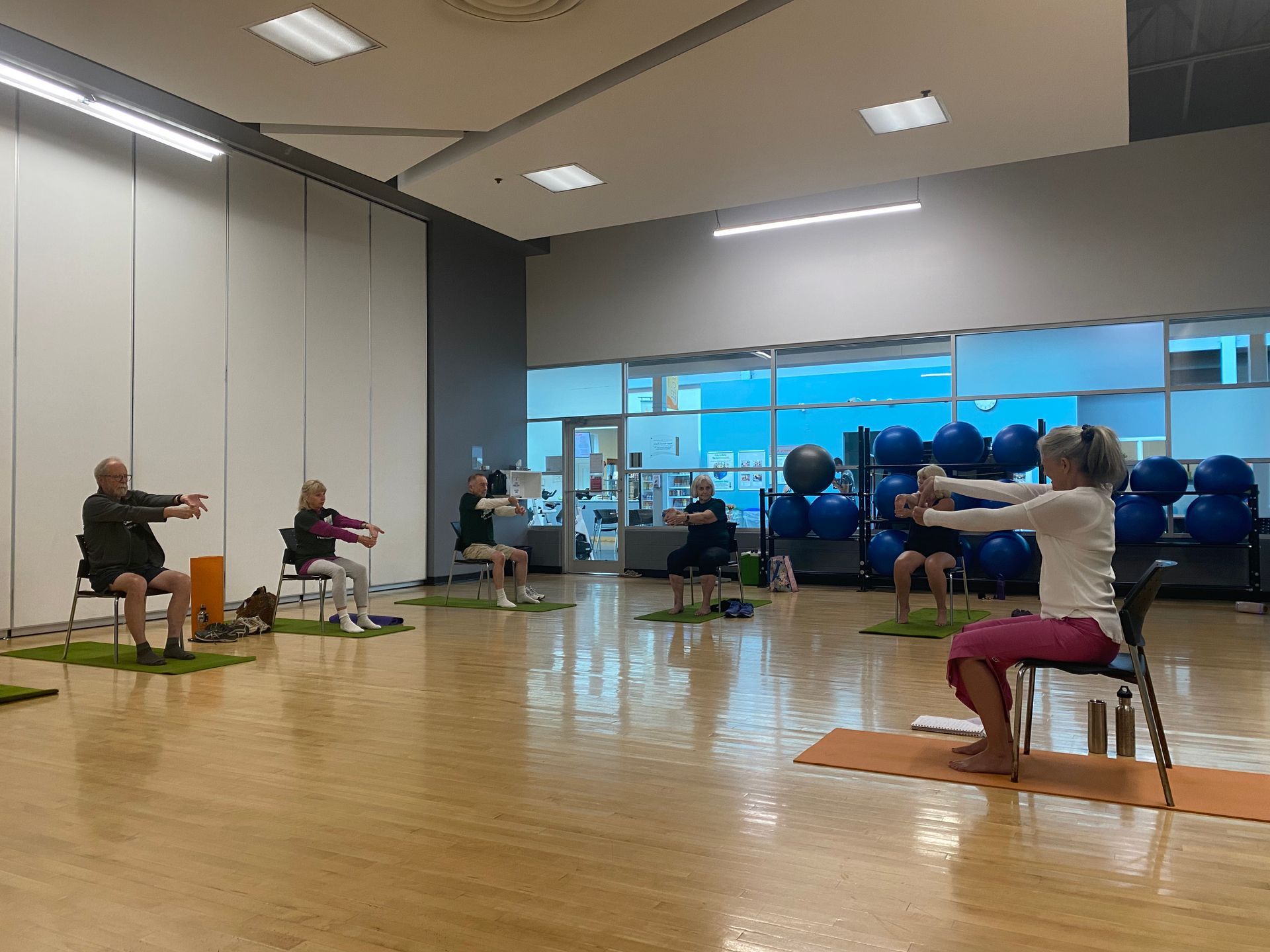 A group of people are doing exercises in a gym.