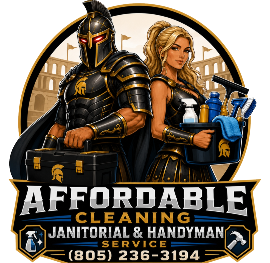 Affordable Cleaning janitorial service logo with armored figure and blonde cleaner holding supplies