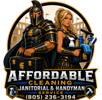 Affordable Cleaning janitorial service logo with armored figure and blonde cleaner holding supplies