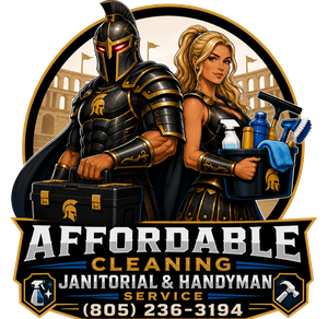 Affordable Cleaning janitorial service logo with armored figure and blonde cleaner holding supplies