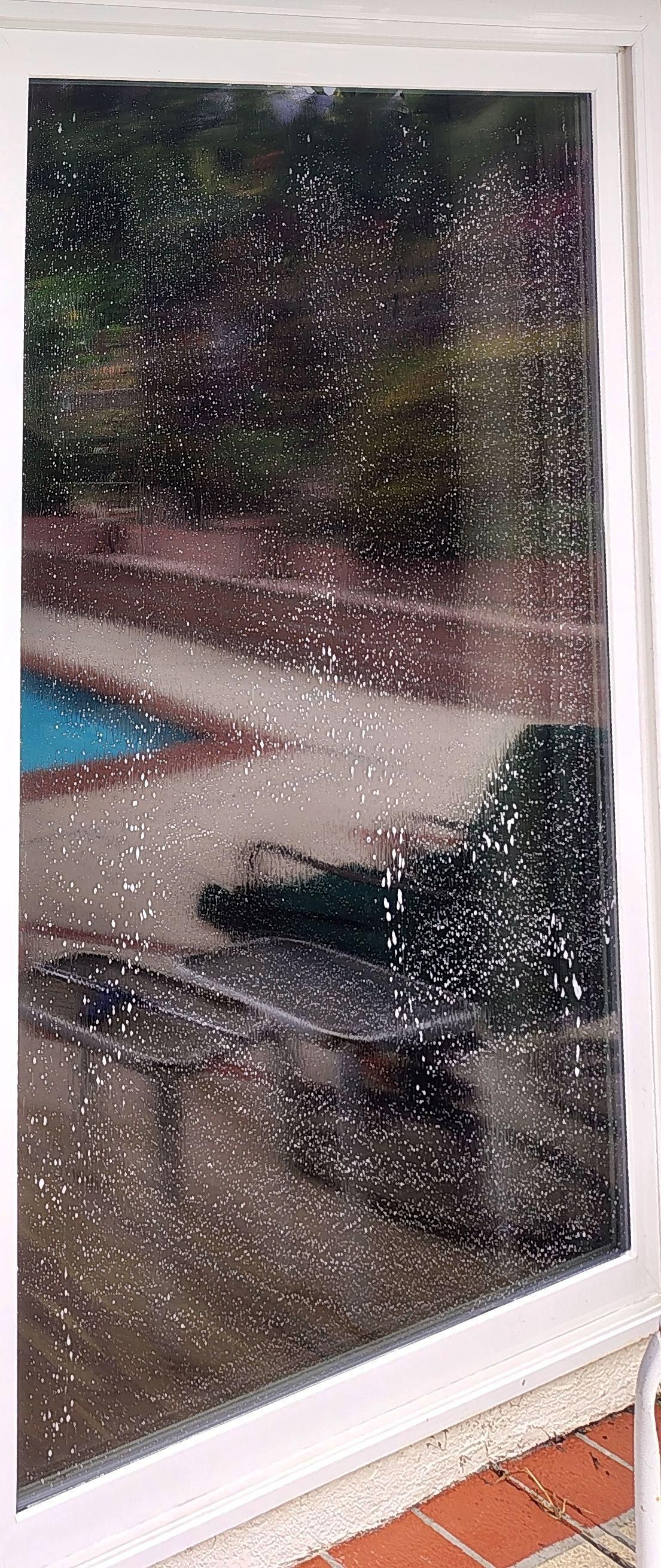 Rain-speckled glass door showing a driveway, green shrubs, and brick patio outside