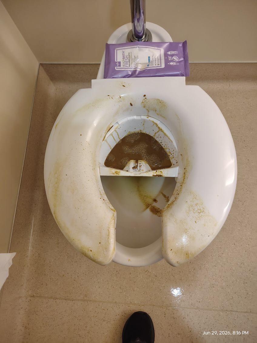 Dirty toilet in a restroom stall with a purple toilet paper dispenser above it.