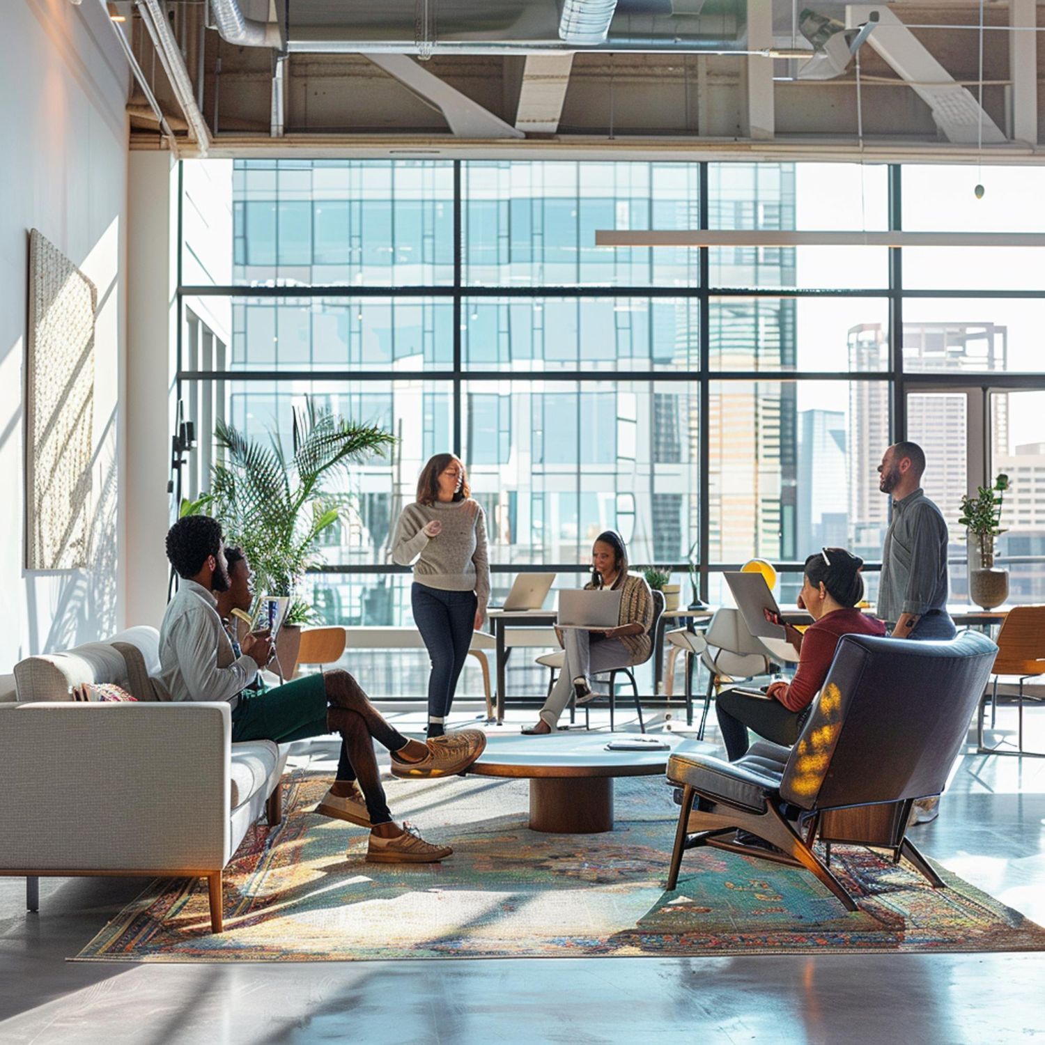 People collaborating in a bright, modern office with large windows overlooking a city; some seated, some standing.