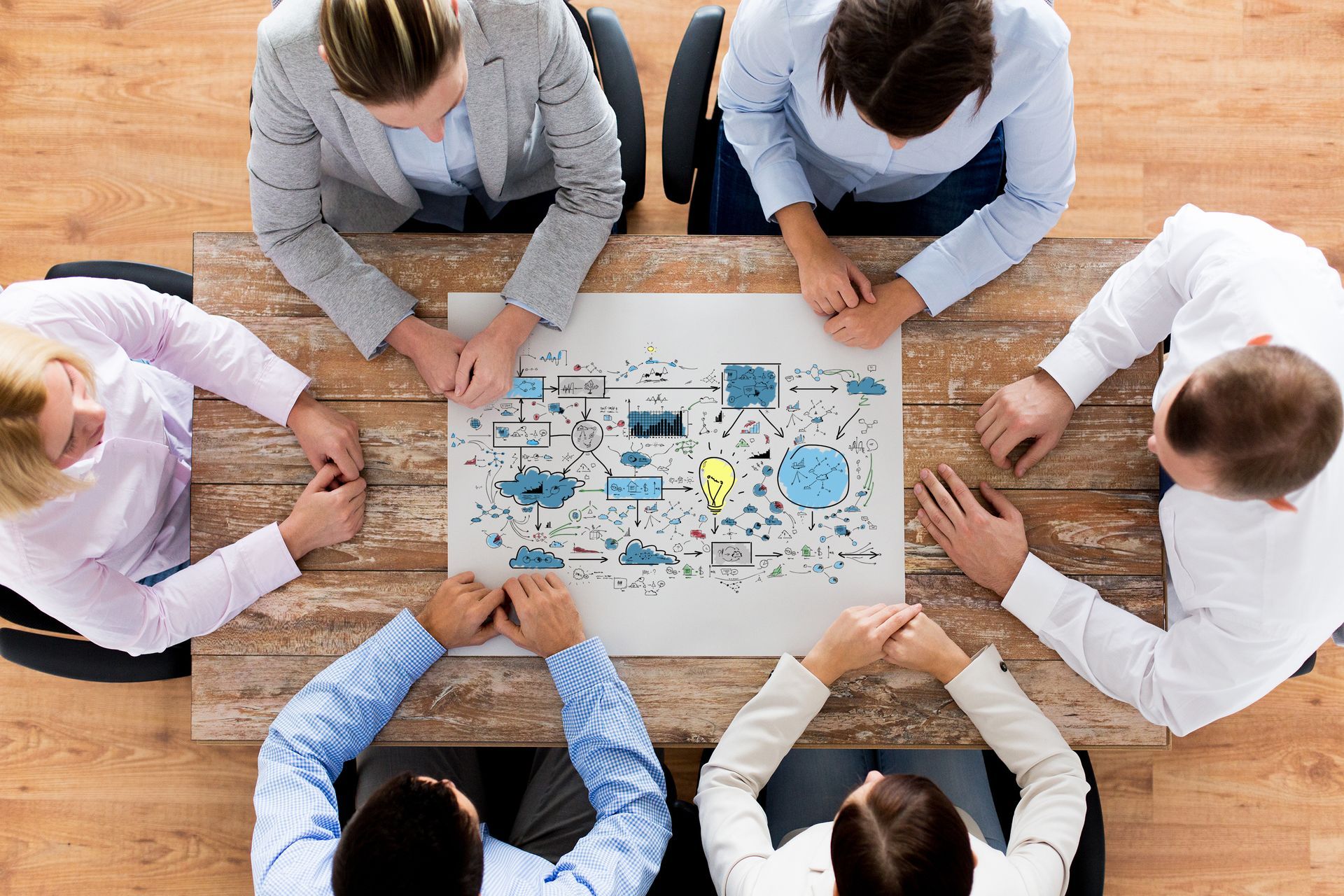 Team meeting around a table, analyzing a diagram with blue, yellow, and black elements.