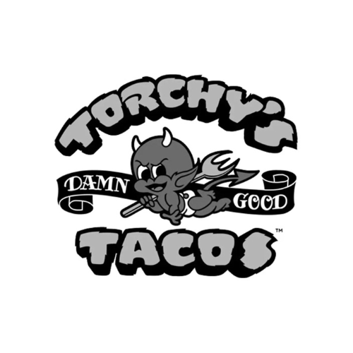 Torchy's Tacos logo with devil mascot and “Damn Good” banner in black and white