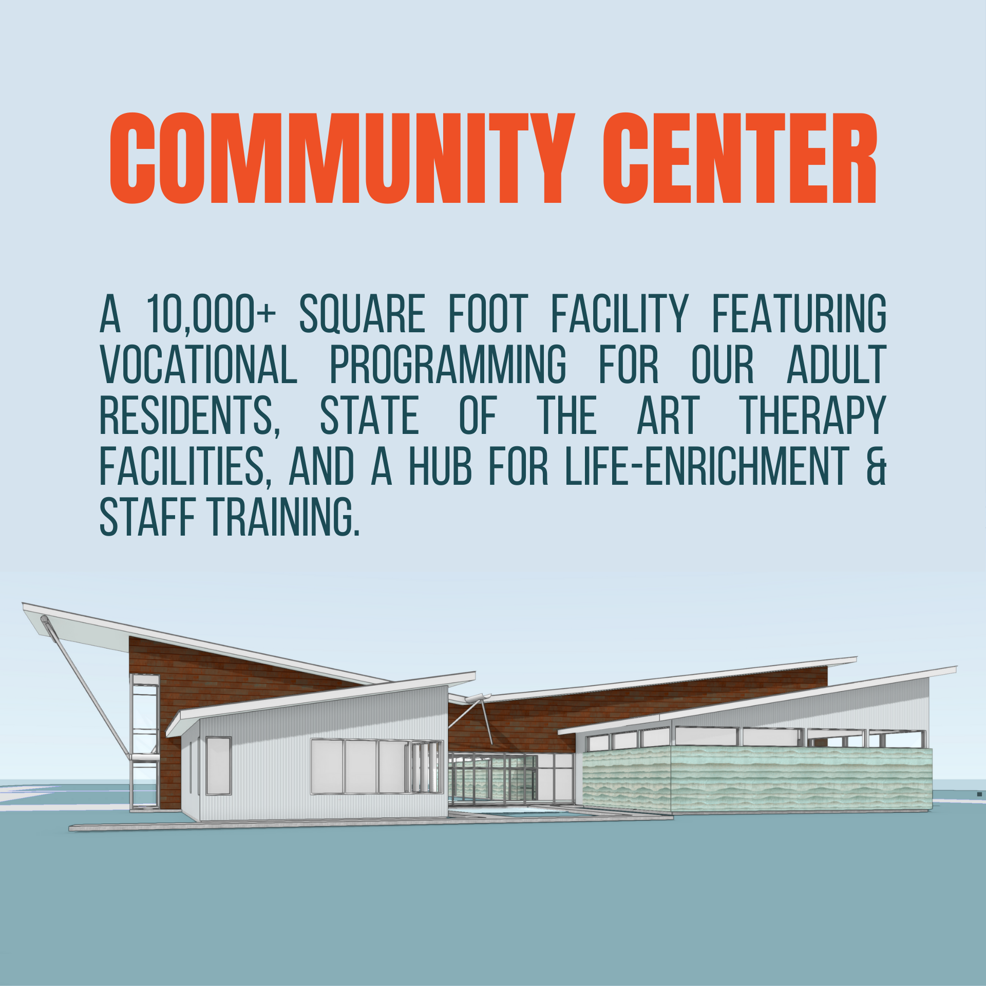 Community center concept rendering with orange title and modern low-rise building exterior plan