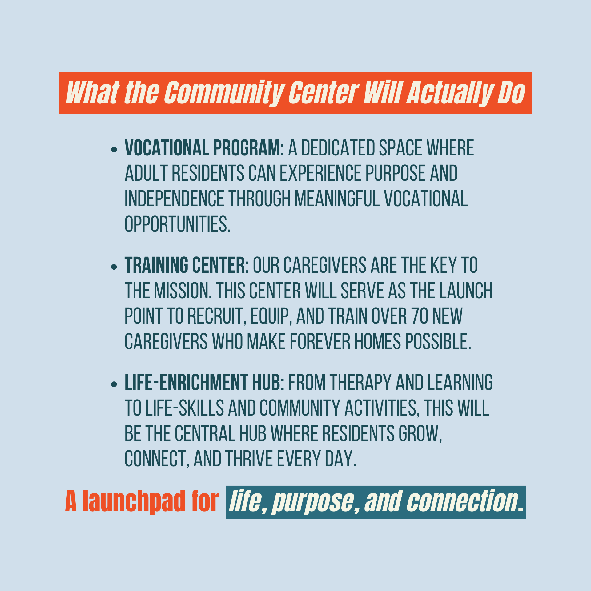 Infographic on a community center’s roles: vocation, training hub, and life-enrichment center.