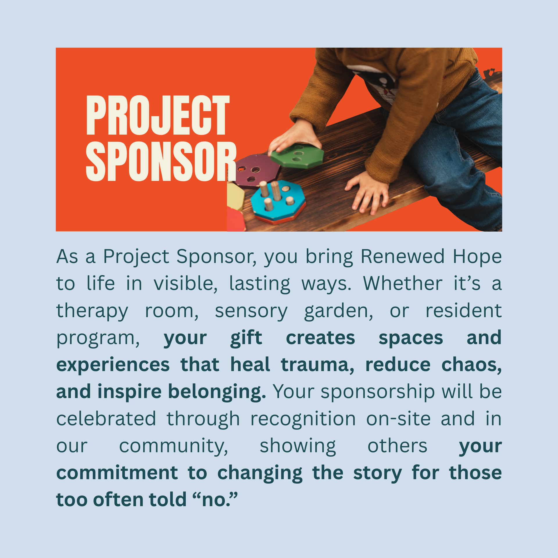 Project Sponsor poster with orange header and children playing with toys on a blue background.