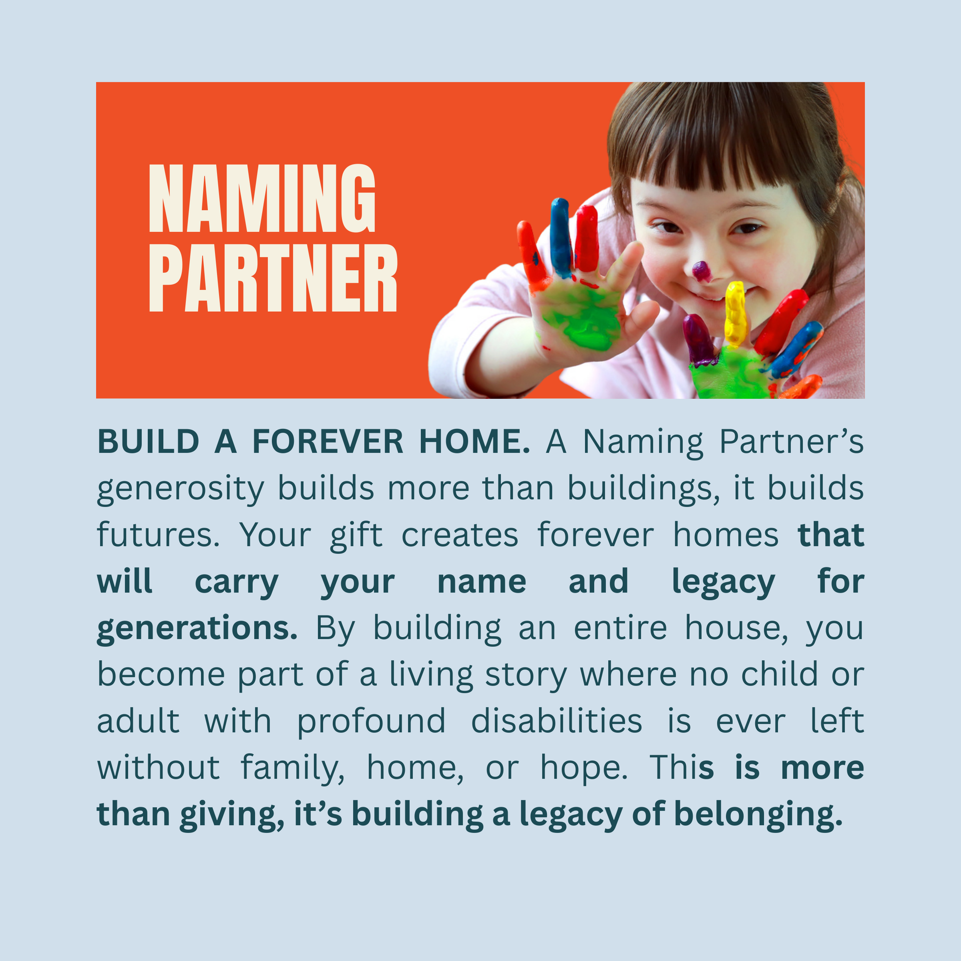 Naming Partner donation ad with child painting, orange banner, and text about building a forever home