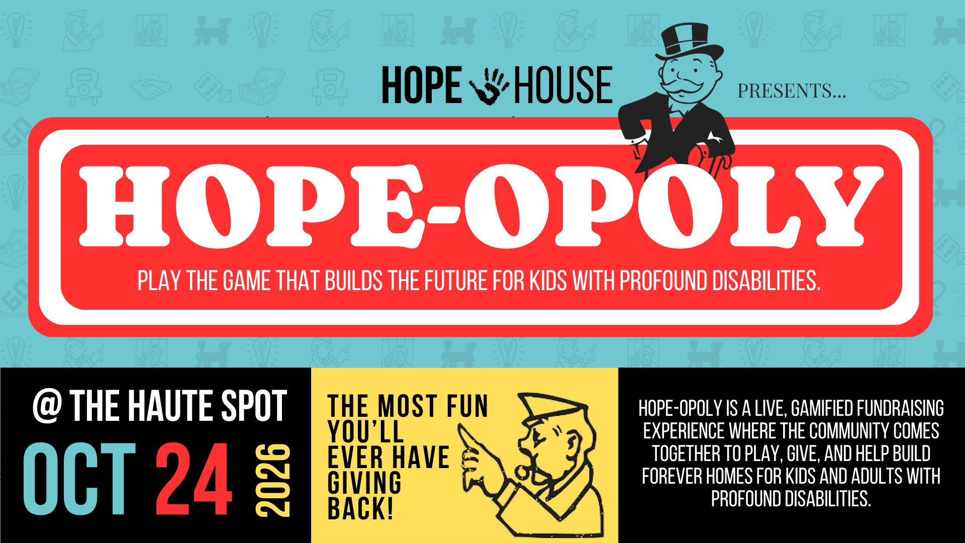 HOPE-OPOLY event poster with red board-game logo, Oct 24 at The Haute Spot, bright blue and yellow accents