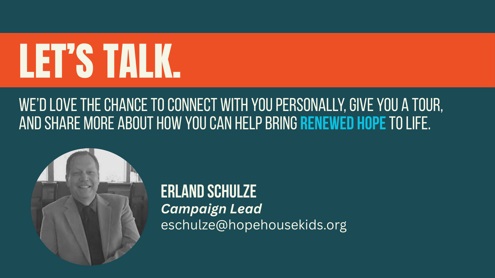 Orange-and-teal campaign slide for a “Let’s Talk” tour with contact info and a speaker headshot
