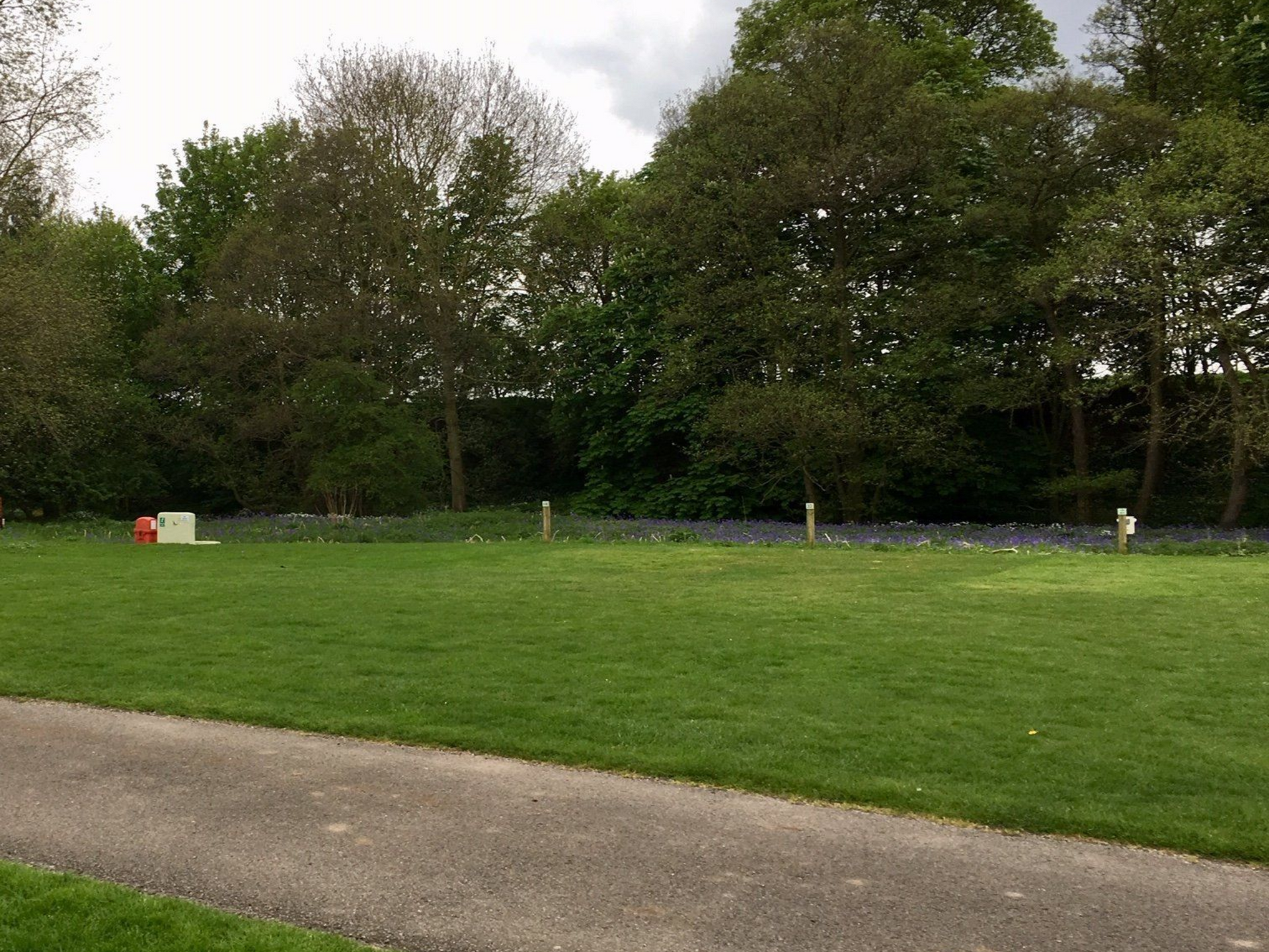 Green grassy field with trees in the background, a paved path, and a white box on the left.