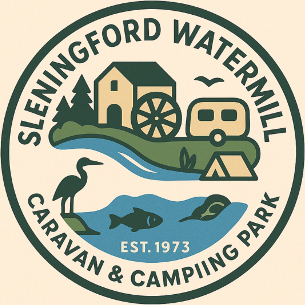Circular logo for Sleningford Watermill Caravan & Camping Park. Includes a watermill, caravan, lake, and wildlife.