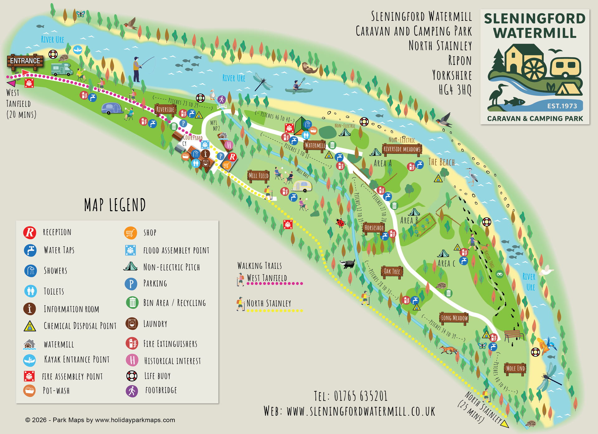 Map of Sleningford Watermill Caravan and Camping Park, including facilities and river.