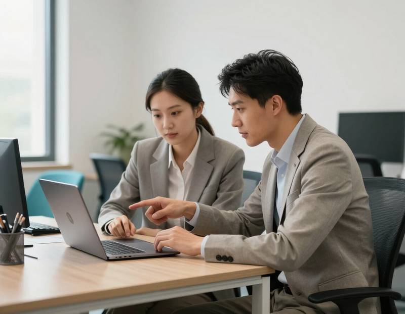 Colleagues reviewing a laptop together