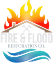 Logo: House with flames and water waves, "Fire & Flood Restoration Co."