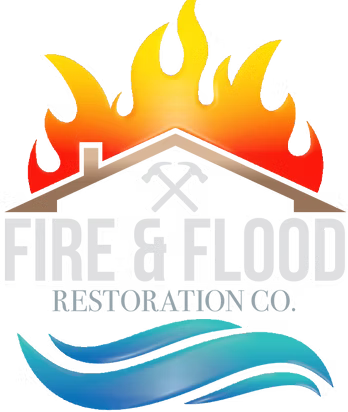 Logo: House with flames and water waves, "Fire & Flood Restoration Co."