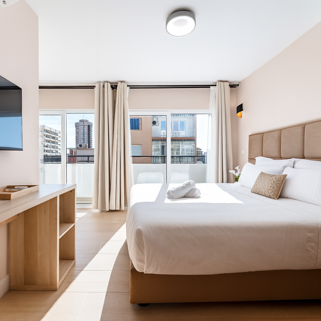 Dormitorio con cama grande, balcón, suelos de madera y luz natural.
