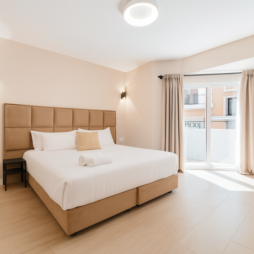 Dormitorio con cama grande, balcón y paredes color beige.
