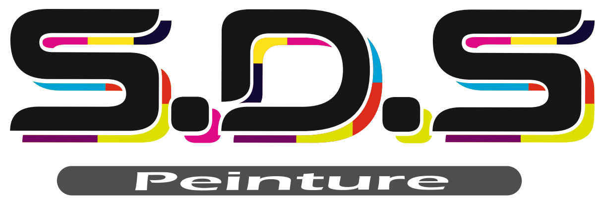 Logo SDS Peinture avec texte noir, volute de peinture color&eacute;e et gouttelettes de peinture multicolores en dessous