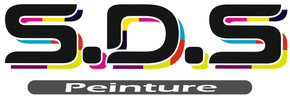 Logo SDS Peinture avec texte noir, volute de peinture color&eacute;e et gouttelettes de peinture multicolores en dessous