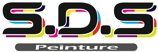 Logo SDS Peinture avec texte noir, volute de peinture color&eacute;e et gouttelettes de peinture multicolores en dessous