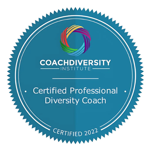Badge for a Certified Professional Diversity Coach; teal, circular, with colorful spiral and