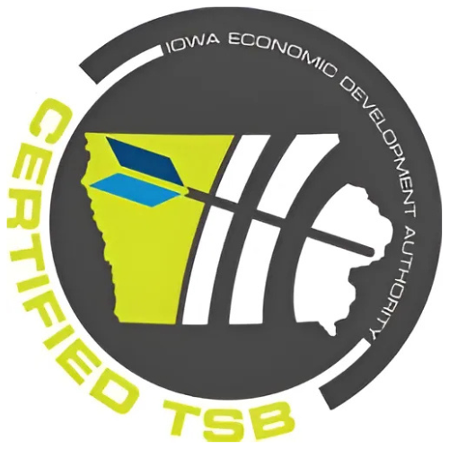 Certified TSB logo: Iowa map, arrow, white bars on a dark gray circle. Yellow and blue accents.