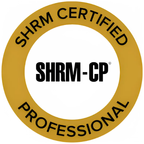 SHRM Certified Professional badge: Gold circle with text,