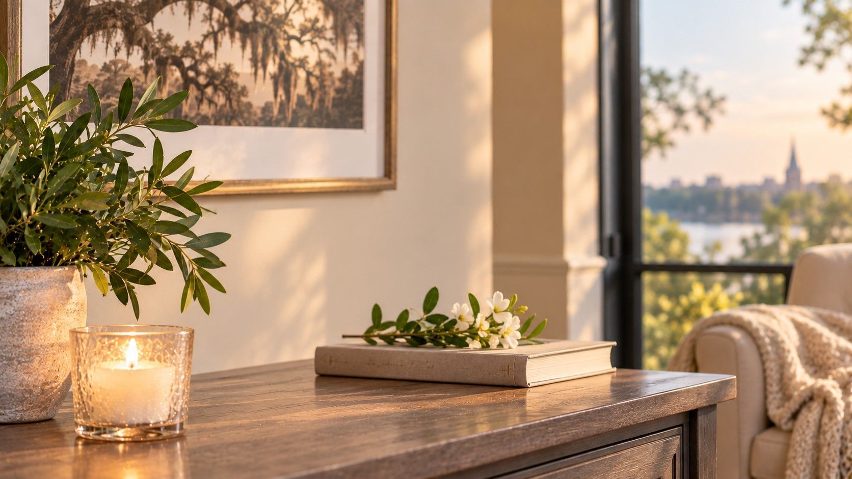 A candle, greenery, and a memory book create a calm setting for cremation services in Marrero, LA