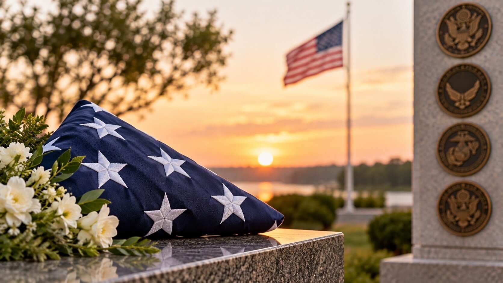 A folded flag and sunset honor a veteran with cremation services in Harvey, LA in peaceful tribute