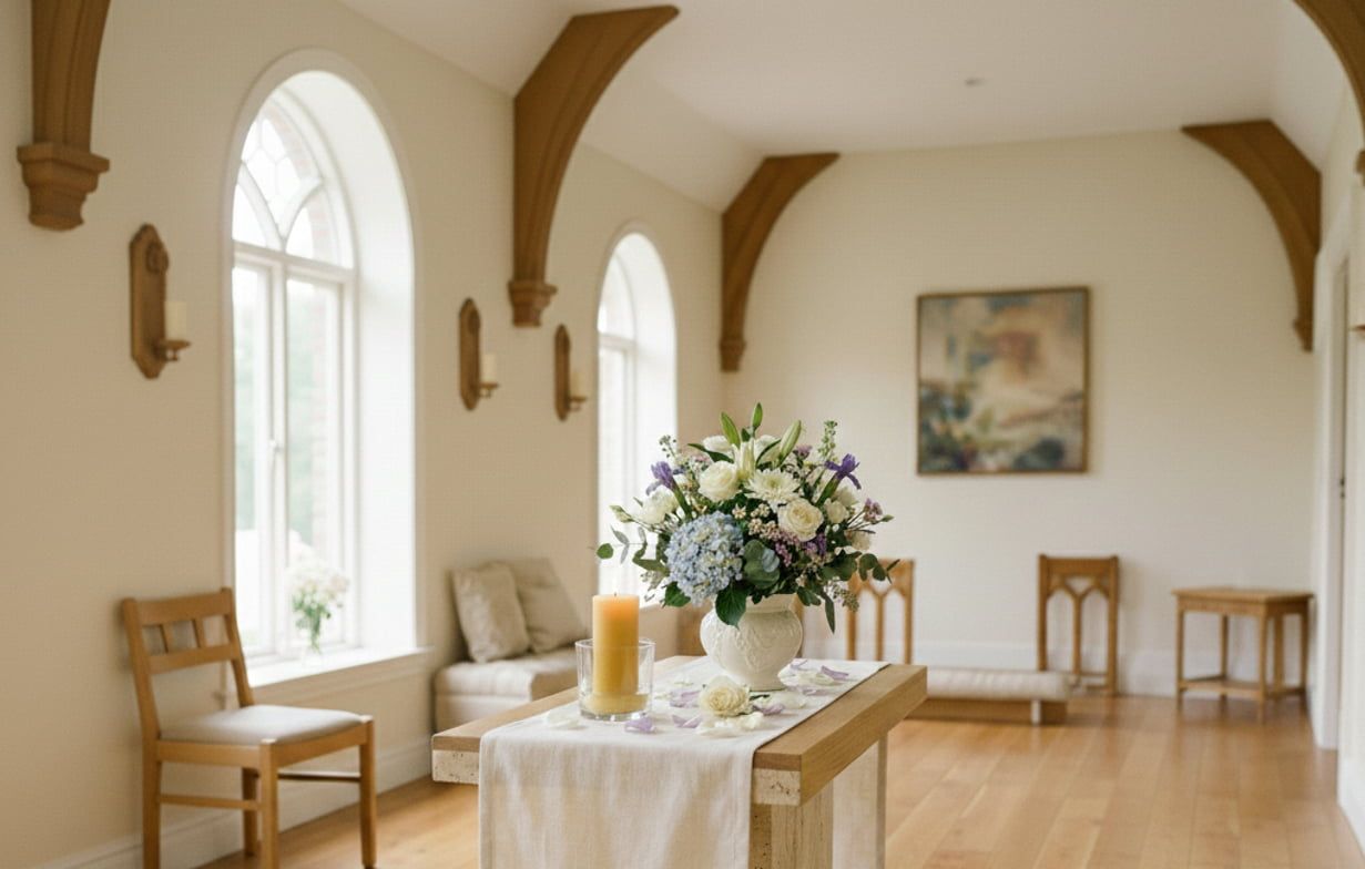 Bright memorial room with flowers and soft lighting at the Marrero, LA funeral home and cremations