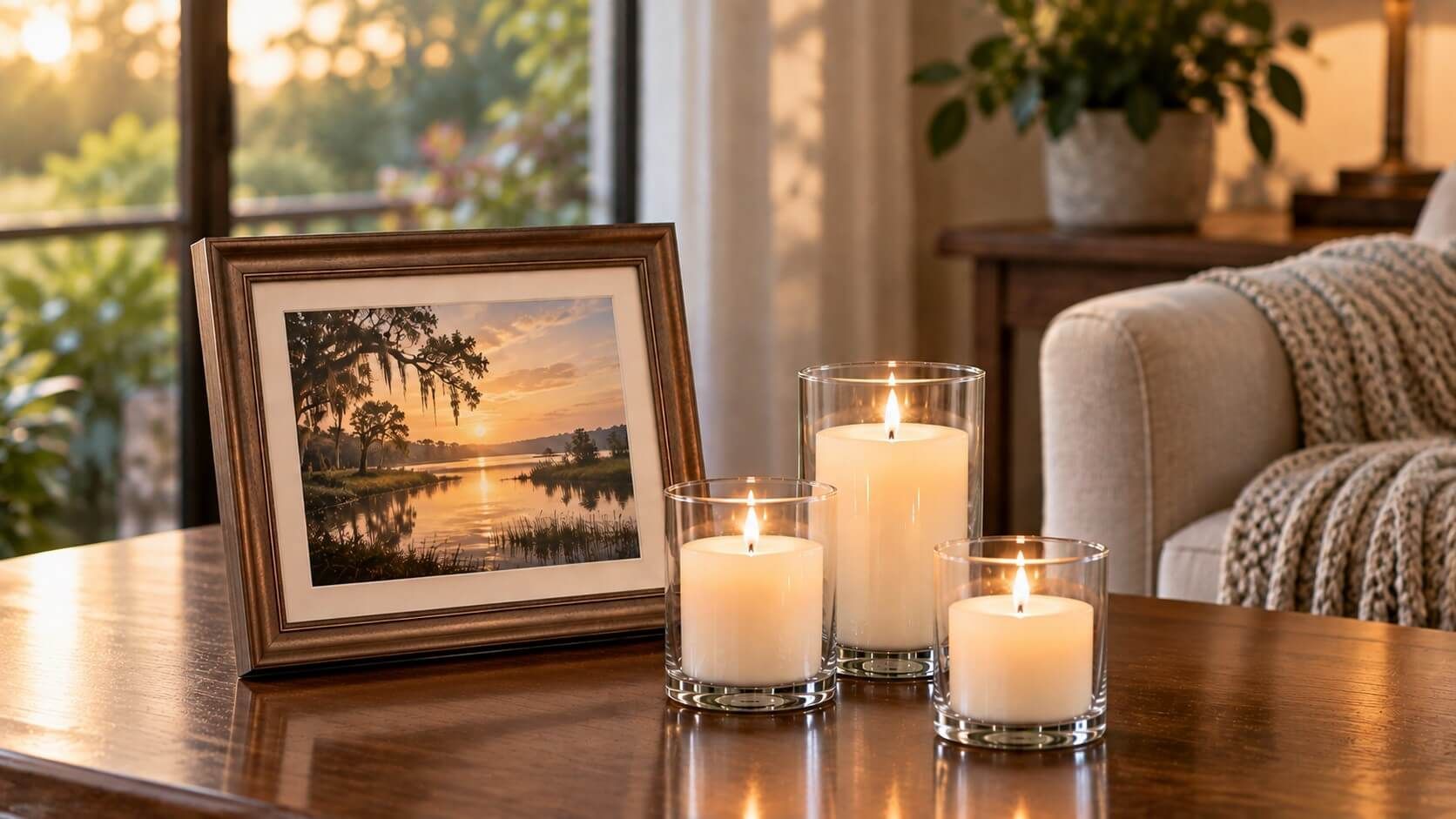 Candles and a framed sunset create a peaceful tribute at funeral homes in Harvey, LA with care